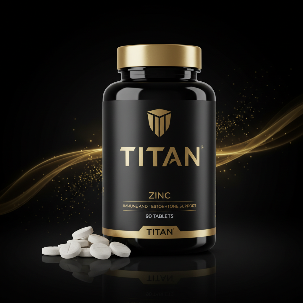 Black bottle of TITAN Zinc with gold logo and text, 90 tablets, on a dark background with elegant gold light trails.