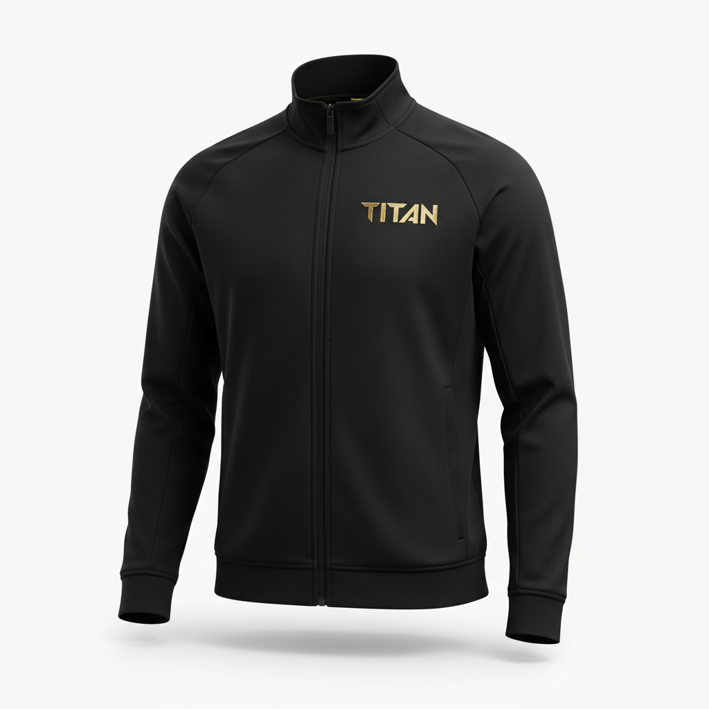 Black long-sleeve track jacket with high collar, full-length zip, and metallic gold TITAN logo on the left chest.