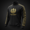Black turtleneck with gold Khanda emblem, "Crown Edition" text, and geometric gold sleeve patterns.