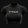 Black short-sleeve high-performance crop top with a mock neck and metallic gold "TITAN" logo on the chest.