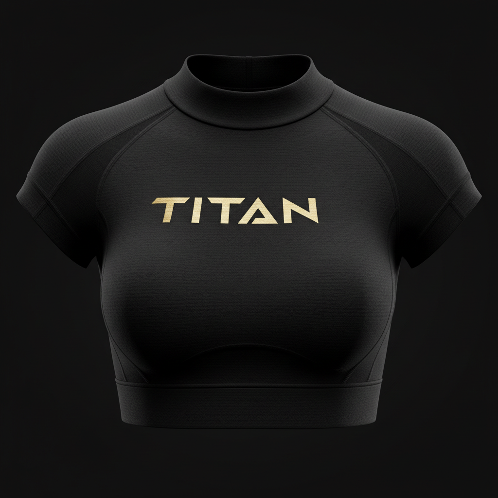 Black short-sleeve high-performance crop top with a mock neck and metallic gold "TITAN" logo on the chest.